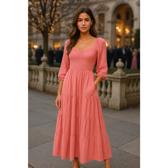 beachlunchlounge Dresses & Skirts - Beachlunchlounge Smocked Midi Dress Square Neck Pink Cottagecore XL Cotton Gauz